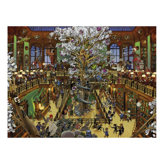 Illustration of a bustling library with a large tree in the center