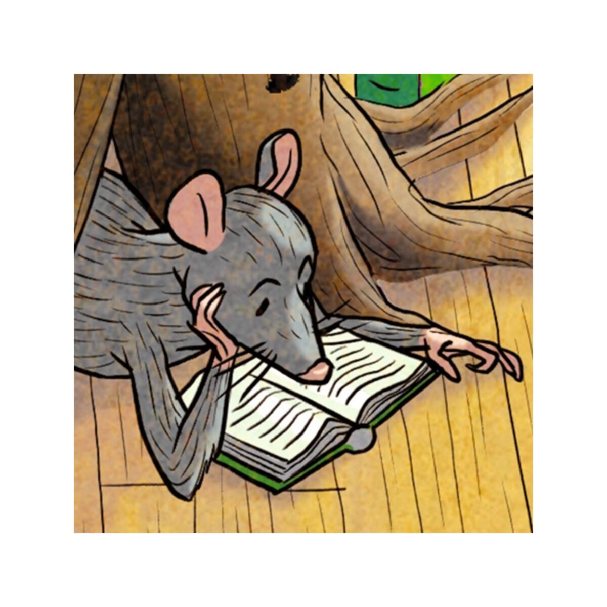 Cartoon mouse reading a book on a wooden floor