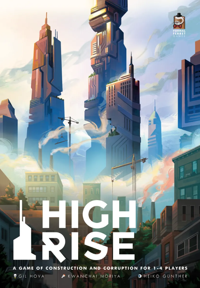 Cover of 'High Rise' game with futuristic cityscape and construction elements.