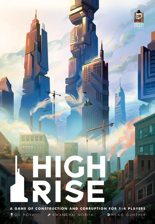 Cover of 'High Rise' game with futuristic cityscape and construction elements.