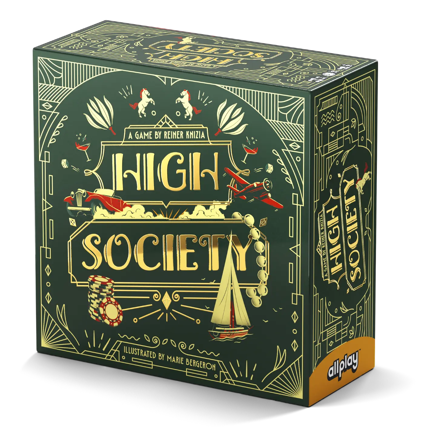Board game box titled 'High Society' with decorative elements on a white background