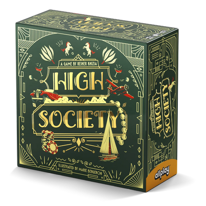 Board game box titled 'High Society' with decorative elements on a white background