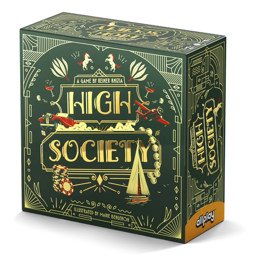 Board game box titled 'High Society' with decorative elements on a white background