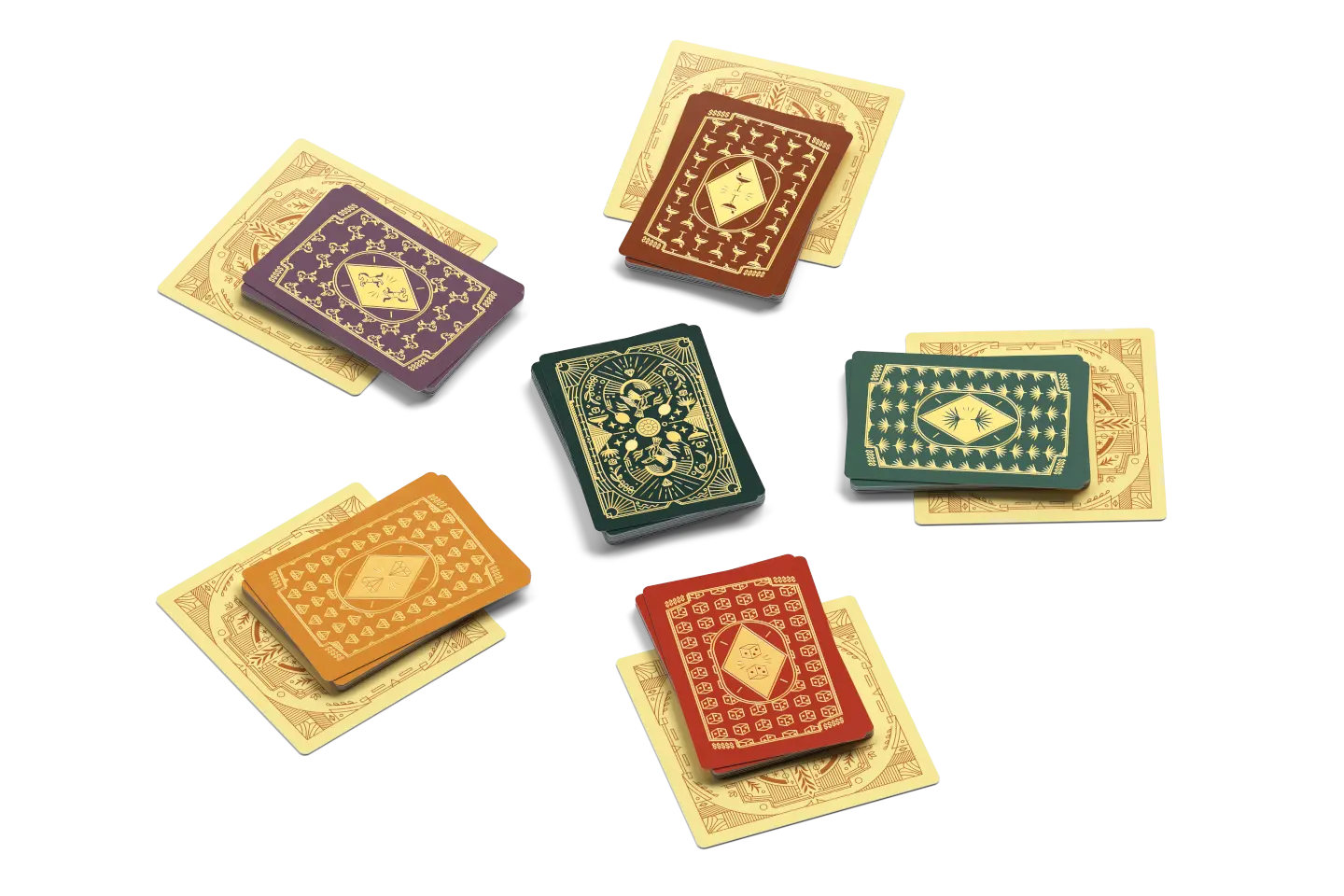 High Society Board Game Set of miniature playing cards with colorful designs on a white background