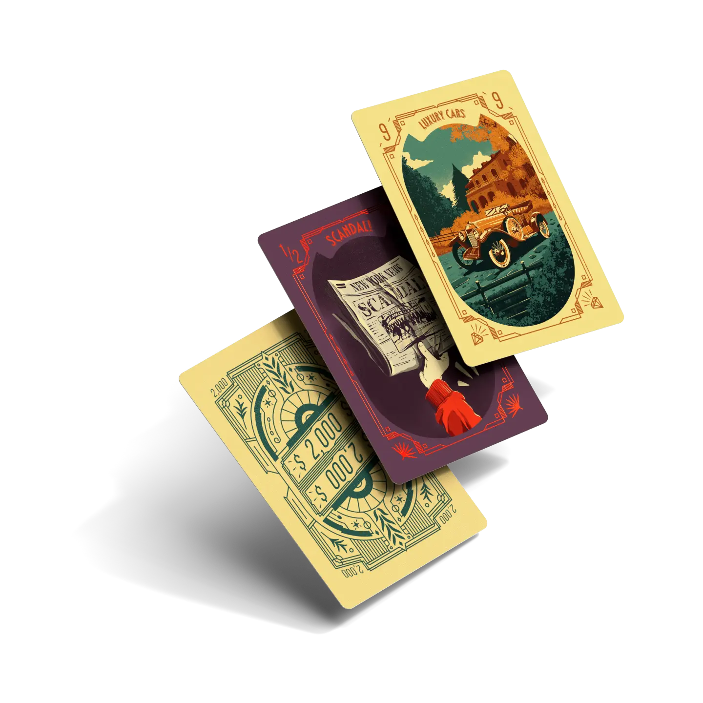 High Society Board Game Two playing cards with vintage design on a white background