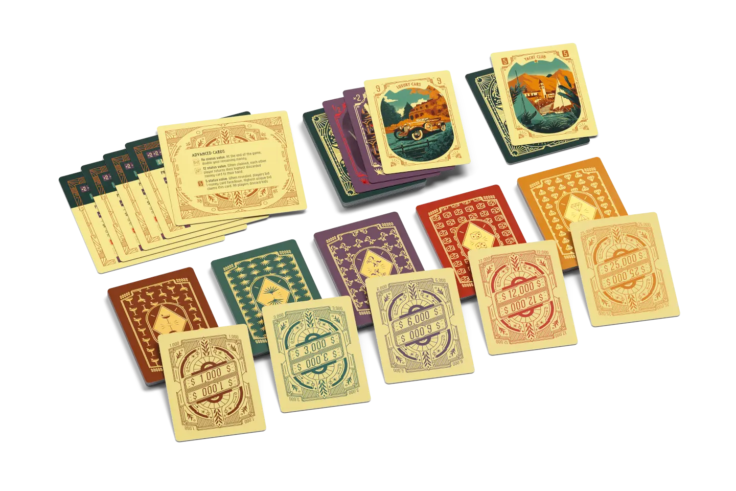 Set of colorful playing cards with decorative designs on a white background