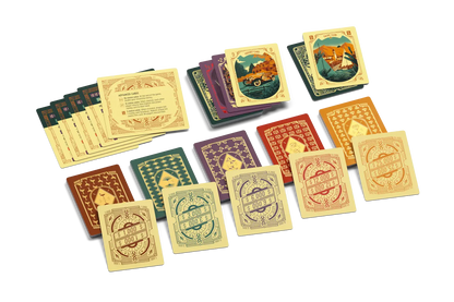 Set of colorful playing cards with decorative designs on a white background