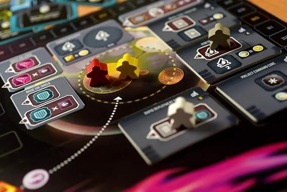 Close-up of a board game with colorful pieces and components