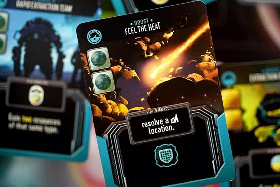 A close-up of a collectible card from the board game How to save a world, featuring a space-themed illustration with a bright orange meteor shower and the text 'BOOST FEEL THE HEAT' and 'resolve a location.'.