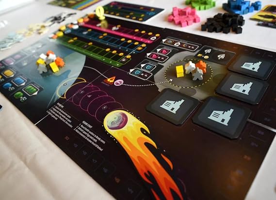 How to save a world Board game setup with colorful components on a table