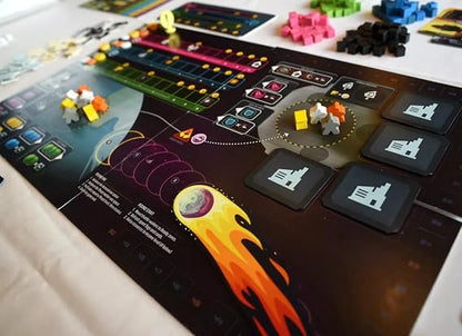 How to save a world Board game setup with colorful components on a table