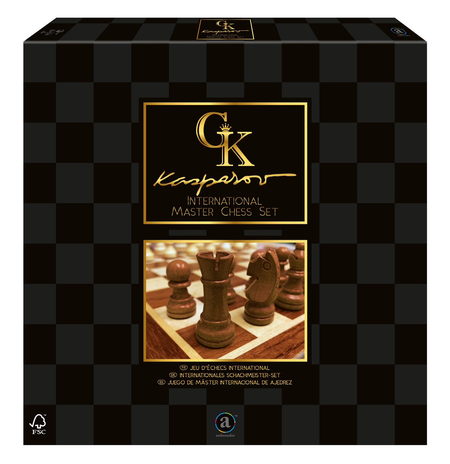 Chess set packaging with Kepkavor logo and chess pieces on a checkered background