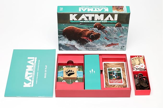 Katmai board game packaging with bears on the box, featuring cards and pieces.
