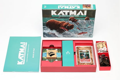 Katmai board game packaging with bears on the box, featuring cards and pieces.