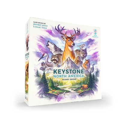 Board game box titled 'Keystone North America' with forest and animal illustrations on a white background.