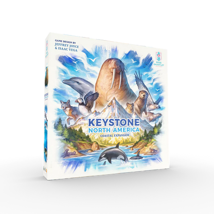 Board game box for 'Keystone North America' with animal illustrations on a white background