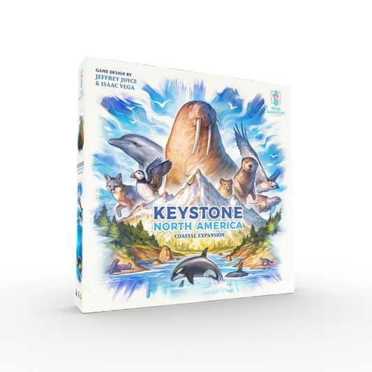 Board game box for 'Keystone North America' with animal illustrations on a white background