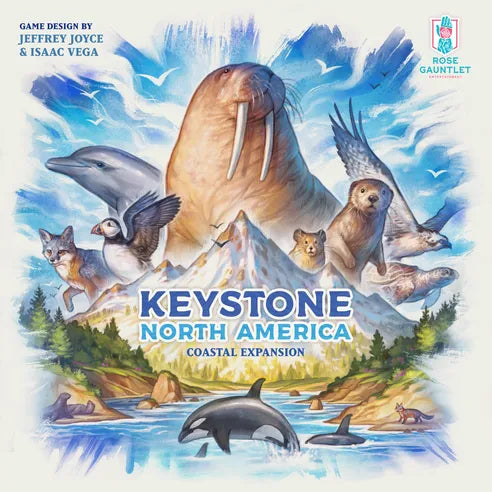 Board game box for 'Keystone North America' with animals and nature-themed design.