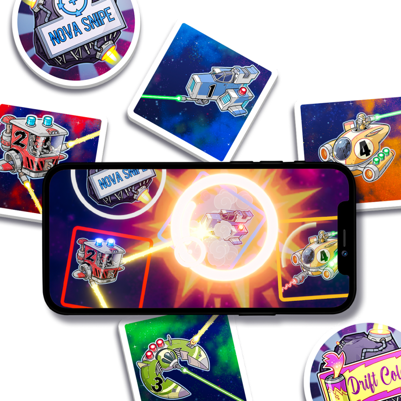 A smartphone centered among several colorful game cards featuring cartoon spacecraft and laser graphics. The phone screen shows a neon space-themed game interface with a bright circular portal effect.