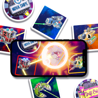A smartphone centered among several colorful game cards featuring cartoon spacecraft and laser graphics. The phone screen shows a neon space-themed game interface with a bright circular portal effect.