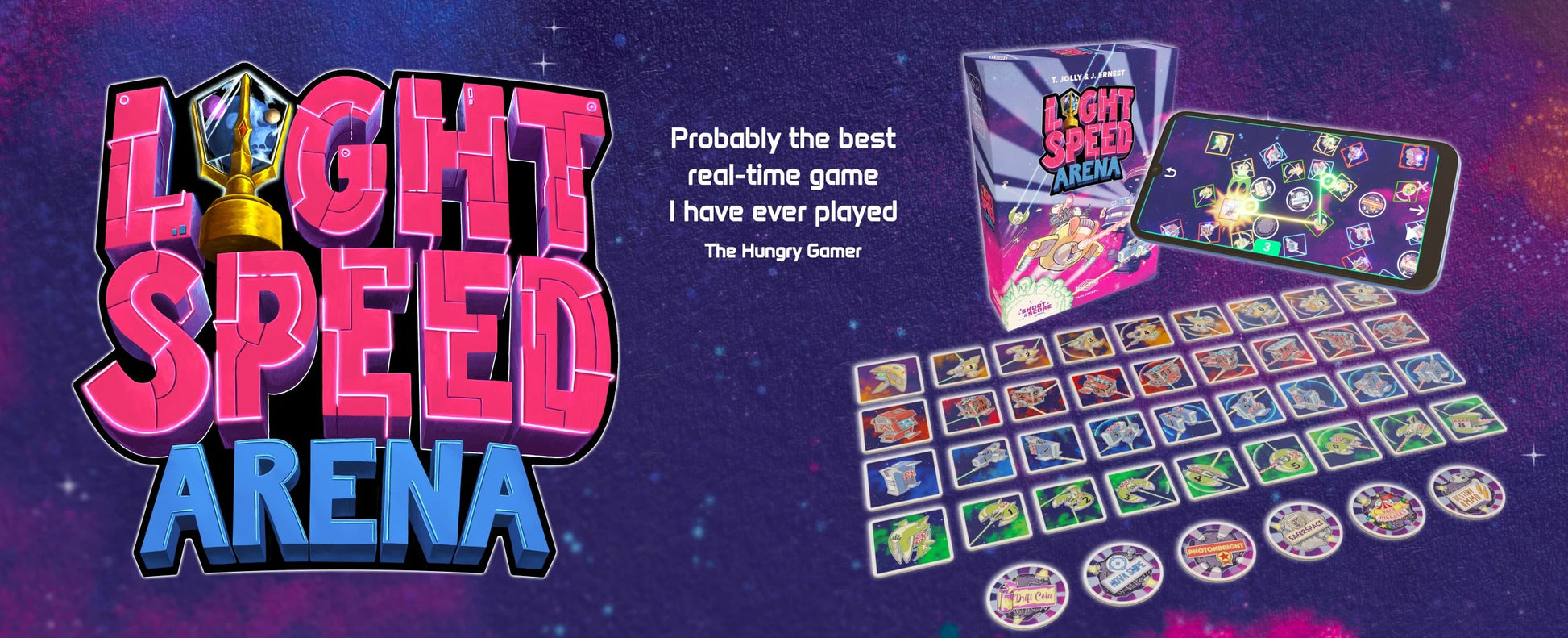 Promotional graphic for the board game Light Speed Arena, showing the colorful game logo, a smartphone displaying the game interface, the product box, and multiple round game tokens arranged on a purple starry background.