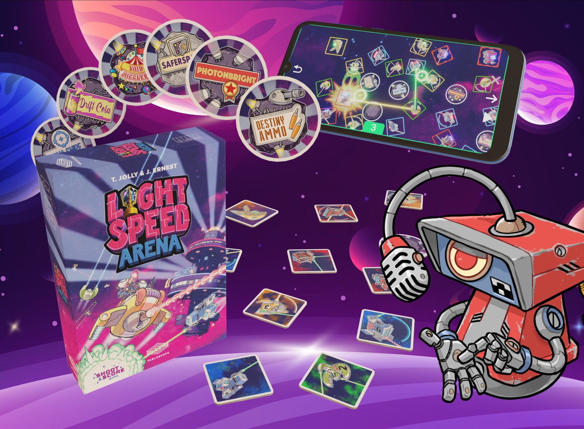 Light Speed Arena board game set displayed with its box, cards, and a smartphone showing the digital game board interface, alongside a cartoon robot character on a purple space-themed background.