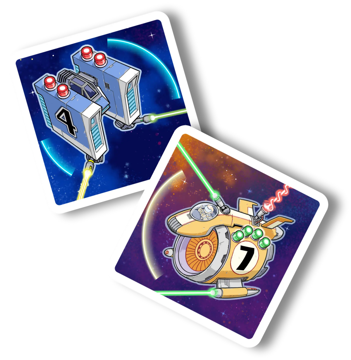 Light Speed Arena with Two illustrated cards with white rounded corners overlapping on a black background. One card shows a blue spacecraft with the number 4, and the other shows a yellow spacecraft with the number 7, both set against space-themed illustrated backdrops.