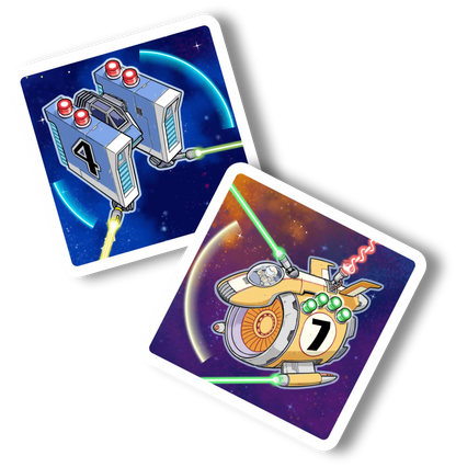 Light Speed Arena with Two illustrated cards with white rounded corners overlapping on a black background. One card shows a blue spacecraft with the number 4, and the other shows a yellow spacecraft with the number 7, both set against space-themed illustrated backdrops.