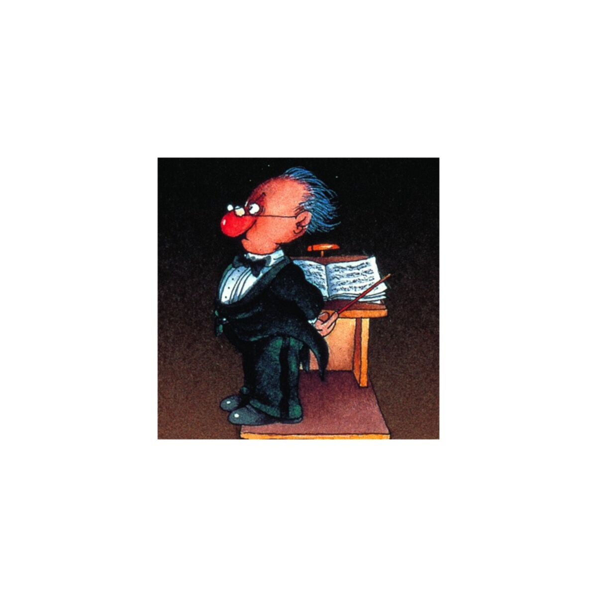 Cartoon character in a suit playing an instrument with sheet music on a white background