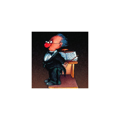 Cartoon character in a suit playing an instrument with sheet music on a white background