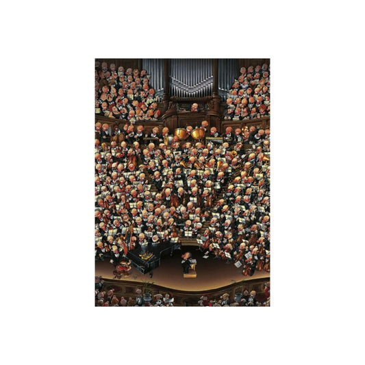 Illustration of a large audience in a theater with a stage and orchestra pit.