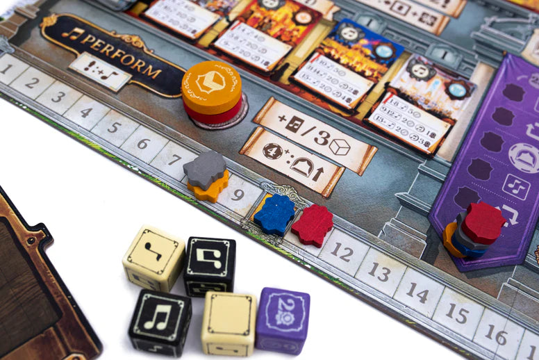 Board game components including cards, dice, and a scoring track on a white background