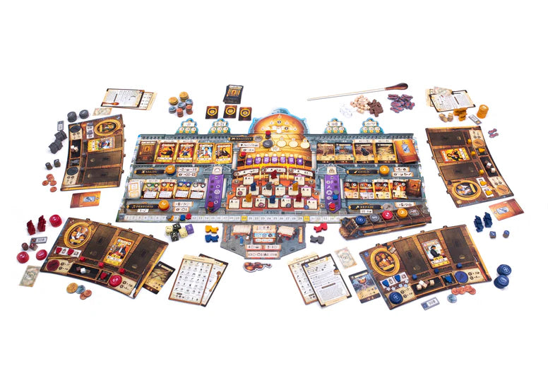 Board game set with various components on a white background