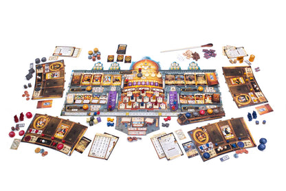 Board game set with various components on a white background