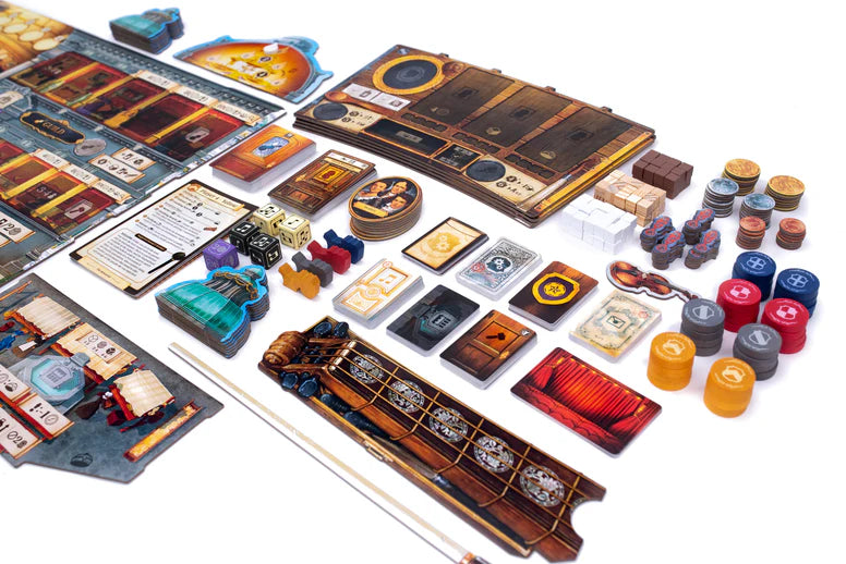 Board game components including cards, dice, and wooden pieces on a white background