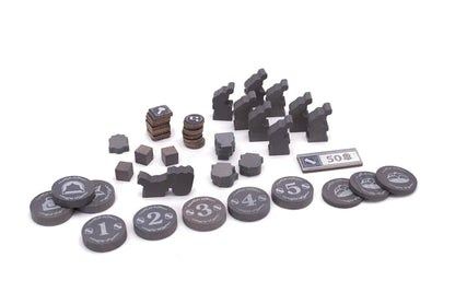 Collection of gray game pieces on a white background