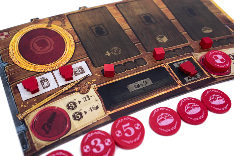 Close-up of a board game with wooden panels and red game pieces.