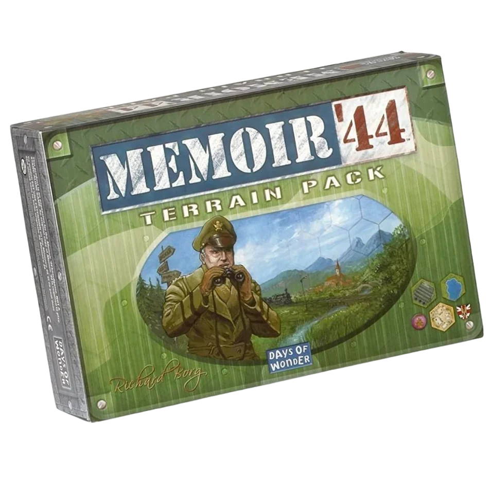 Memoir '44 Terrain Pack box with a soldier and landscape illustration on a green background
