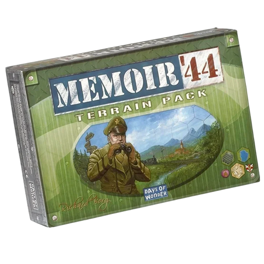 Memoir '44 Terrain Pack box with a soldier and landscape illustration on a green background