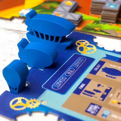 Whistle Mountain Blue airship on a board game with game cards in the background