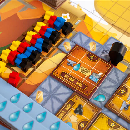 Whistle Mountain Board game with colorful tiles and a 'Salvage Yards' card