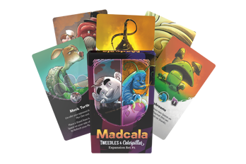 Madcala Tweedles and Caterpillar Expansion cards featuring various designs and text on a white background