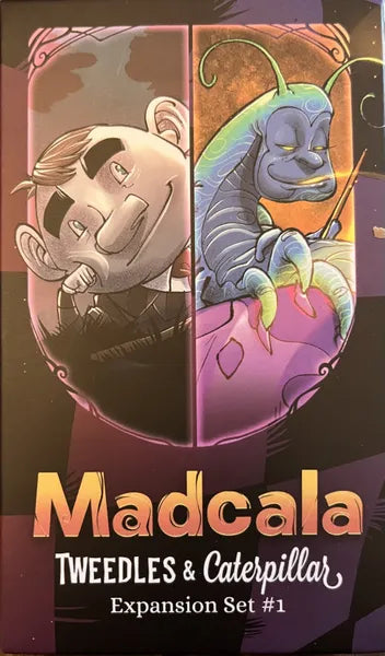 Card game expansion set cover featuring Tweedles and Caterpillar with 'Madcala' branding.