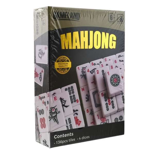 Mahjong game set packaging with tiles and dice on a white background