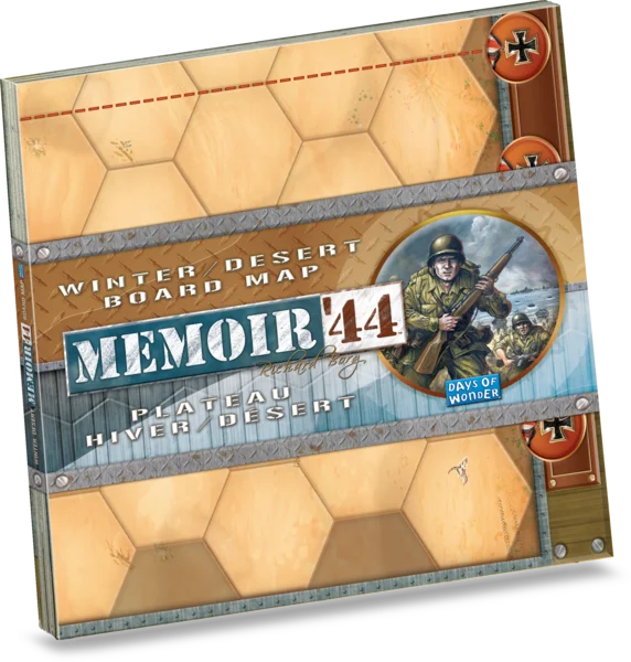 Memoir 44 Winter Desert Board Map box set, featuring a detailed cover with a hexagonal grid pattern, metallic borders, and military-themed illustrations.
