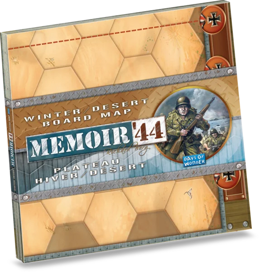 Memoir 44 Winter Desert Board Map box set, featuring a detailed cover with a hexagonal grid pattern, metallic borders, and military-themed illustrations.