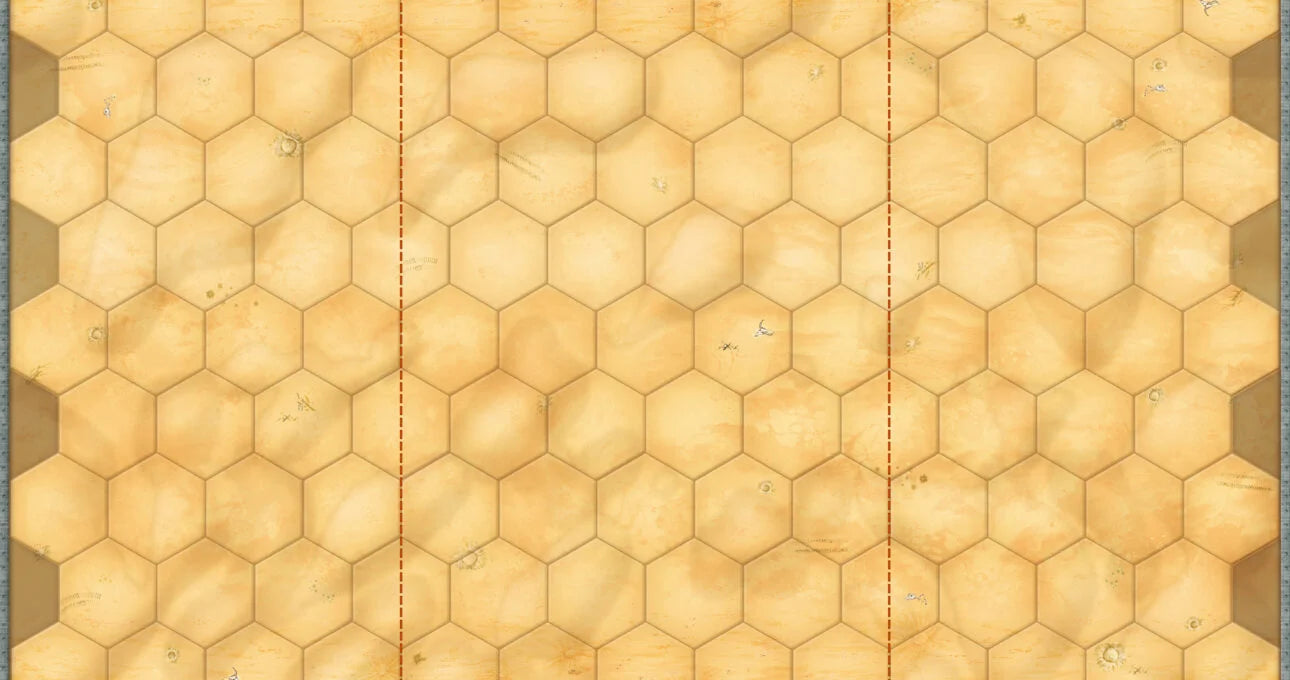 A close-up of a honeycomb-style surface made of warm beige hexagonal tiles with subtle marbled texture and two vertical dashed guide lines.