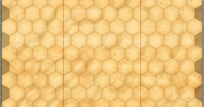 A close-up of a honeycomb-style surface made of warm beige hexagonal tiles with subtle marbled texture and two vertical dashed guide lines.
