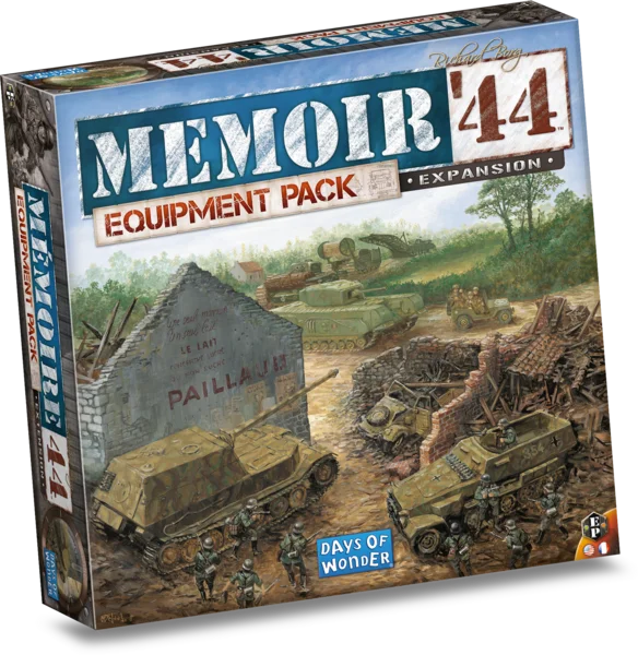 Memoir '44 Equipment Pack Expansion board game box by Days of Wonder, featuring illustrated military vehicles and soldiers on a battlefield with a blue title banner.