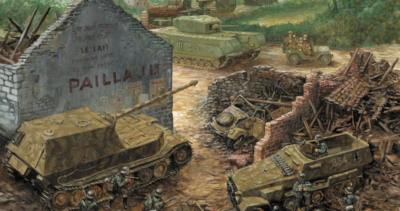 Memoir 44 Equipment pack military scene painting showing several tanks and armored vehicles in a war-torn town street, with ruined buildings, debris piles, and soldiers visible in the foreground.